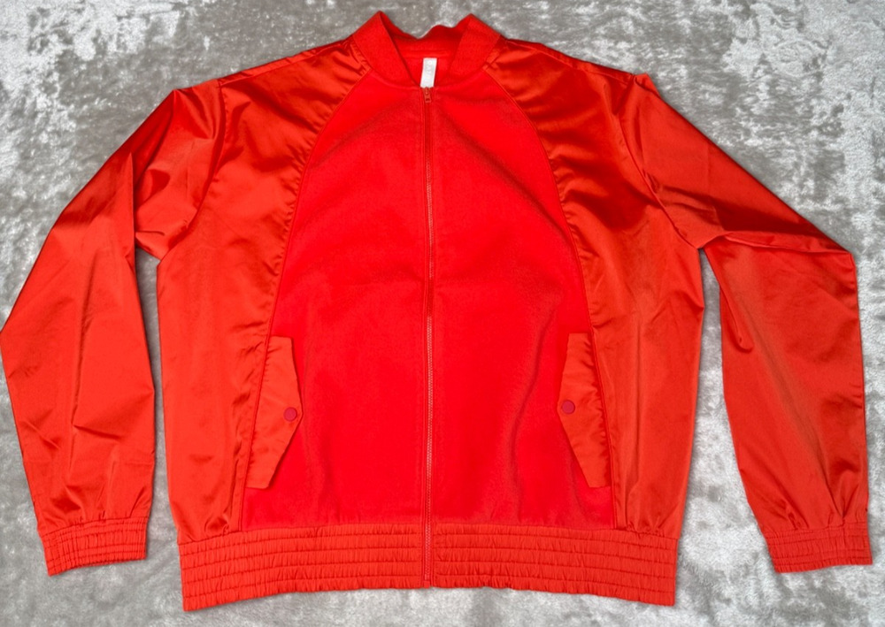 Athleta Tomato Red Satin and Cotton Fleece Bomber Jacket Womens M